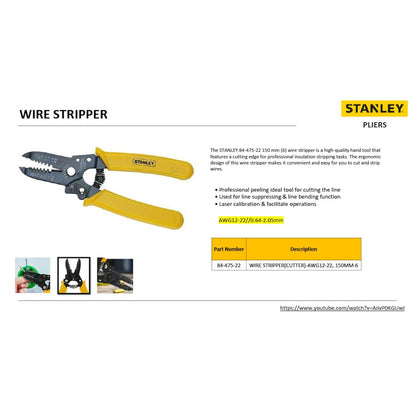 STANLEY 84-475-22 6" 150 mm Wire Stripper Ideal for Cutting, Stripping Speaker Wires & Appliance Cords for Home, DIY & Professional Use, YELLOW & BLACK