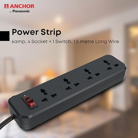 ANCHOR by Panasonic 6 Amp Power Strip with 4 Universal Sockets with Master Switch, 4 Way Extension Board with 1.5 Mtr Long Wire (22078), Black