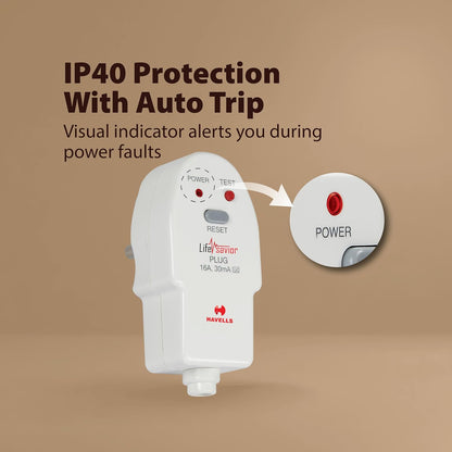 Havells Plastic 16A 30mA PRCD Plug Top, Equipped with a Safety Shutter Socket Along with An Auto Trip Feature Which Shuts Off if Detects Any Current Leakage, Backup Protection for Overload 6IEC: 61540