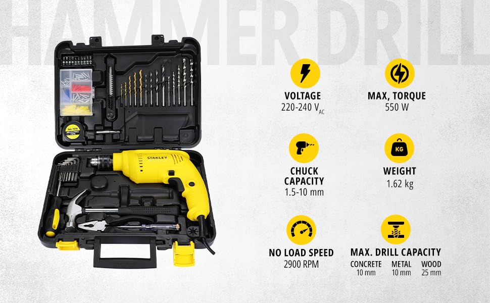 STANLEY SDH550KP-IN 550W 10mm CORDED HAMMER DRILL MACHINE & HAND TOOL KIT for Home, DIY & Professional Use (120-PIECES) - INCLUDES Hammer Drill,Plier,Hammer,Measuring Tape & Drill Bits,1Year Warranty
