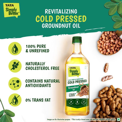 Tata Simply Better Pure & Unrefined Cold Pressed Groundnut (Peanut) Oil,Kolhu/Kacchi Ghani/Mara Chekku/Ganuga,Naturally Cholesterol Free,1L,Groundnut Oil Rich Aroma & Flavour Of Real Groundnuts