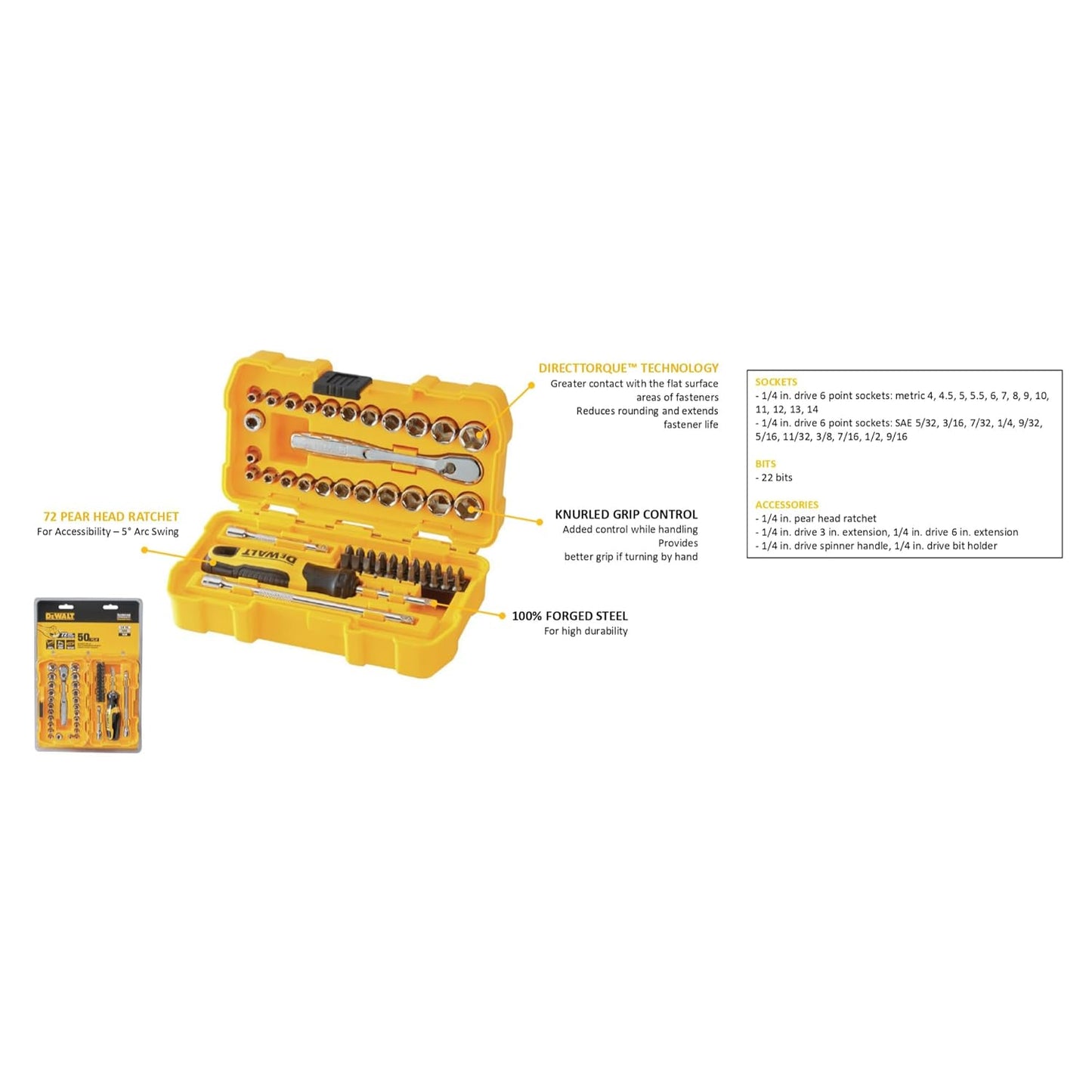 DEWALT DWMT81610-0 1/4" 50-Piece Drive Mechanics Tool Set with Anti-Corrosion Properties & Knurled Grip Control for Home, DIY & Professional Use, YELLOW & BLACK