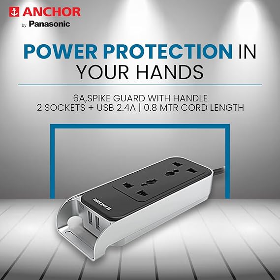 Anchor by Panasonic 6A 2 Universal Socket with 2 USB Port | 6A Extension Board with 2.4A 2 USB Port | Multi Plug Socket for Home Wall, Office (22052)
