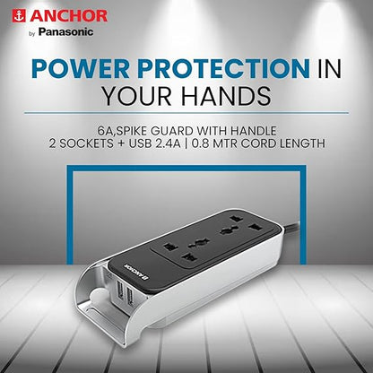 Anchor by Panasonic 6A 2 Universal Socket with 2 USB Port | 6A Extension Board with 2.4A 2 USB Port | Multi Plug Socket for Home Wall, Office (22052)