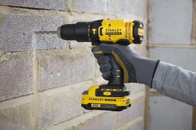 STANLEY FATMAX SCD711D2KA-B1 20V 2.0Ah 13mm Reversible Cordless Brushed Hammer Drill With 100pcs Accessories Kit 2x2.0Ah Li-ion Batteries 1pc Charger 2-Speed Gearbox, 2 Year Warranty, YELLOW & BLACK