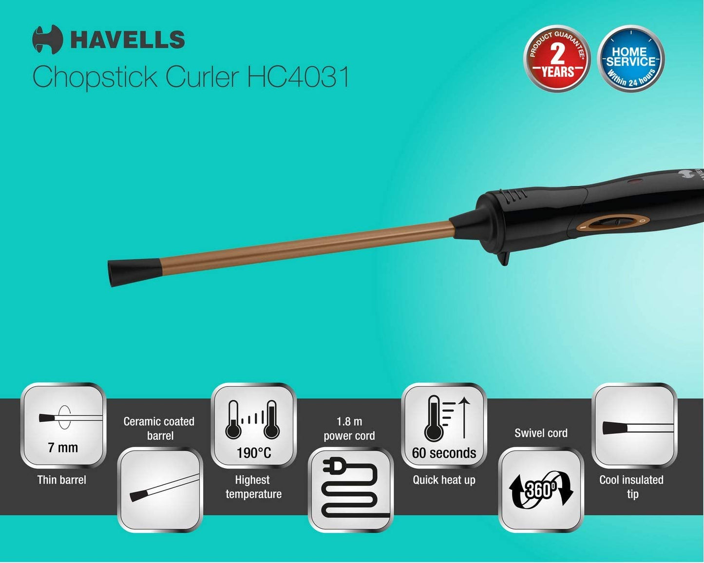 Havells HC4031 7 mm thin Chopstick Curler; Ceramic barrel; Fast heat up for Long-lasting maggie Curls for Short & Long hair (Black)