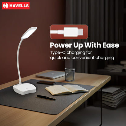 Havells Lucento Table Lamp 4.5W | Integrated Touch Sensor|3 Step Dimmable LED Table lamp|3.7V, 800 mAh Lithium‑Ion Battery | Light Modes: 100%, 50%,25% | Eye Soft Technology for Soft Glare-Free Light