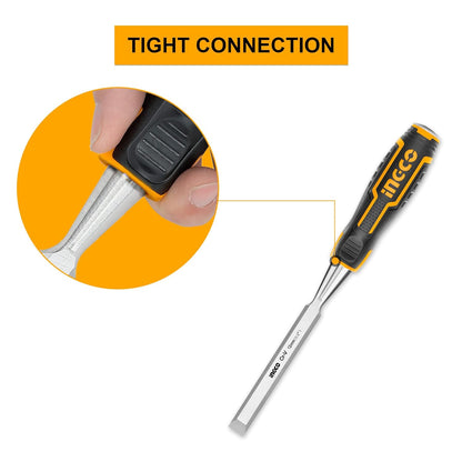 INGCO Wood Chisel, Cr-V | 120mm Width, 15°Bevel Edged, Bi-Material Soft and Shock-Absorbing Grip and Steel Striking Cap Wood Chisel with Hammer End for Woodworking, Carving