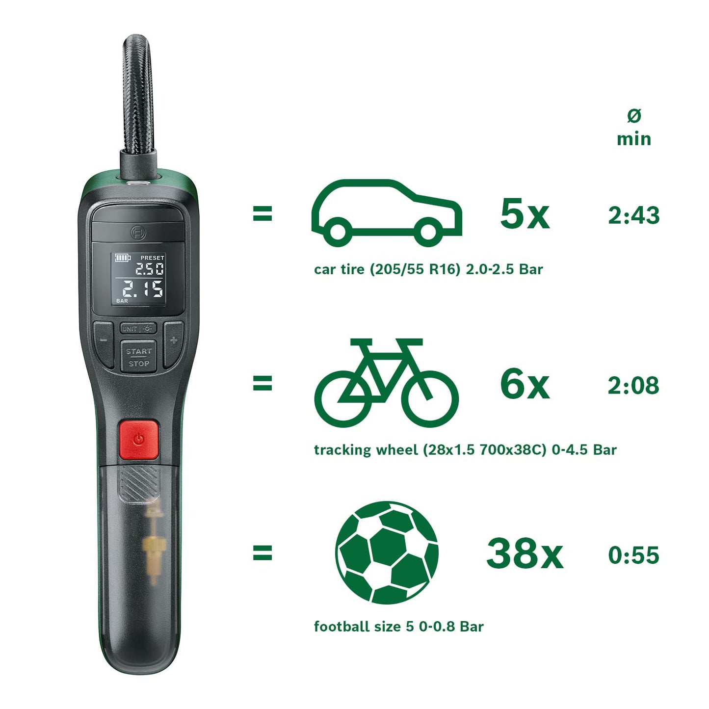 Bosch Easy Pump Cordless Bike Tyre Inflator, Portable Electric Air Pump, 3.0 Ah Battery, 3.6 Volt, Autostop Function, Digital Display & LED Light, USB-C Rechargeable, 0.43 kg