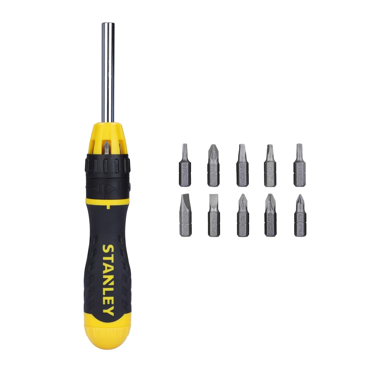 STANLEY STHT68010-8 Magnetic Holder Ratcheting Screwdriver with 10 Bits, 3-Position Audible Ratcheting Mechanism,Comes with Patented Bit Storage System, Ideal for Machines, Cars & General Repair Tasks