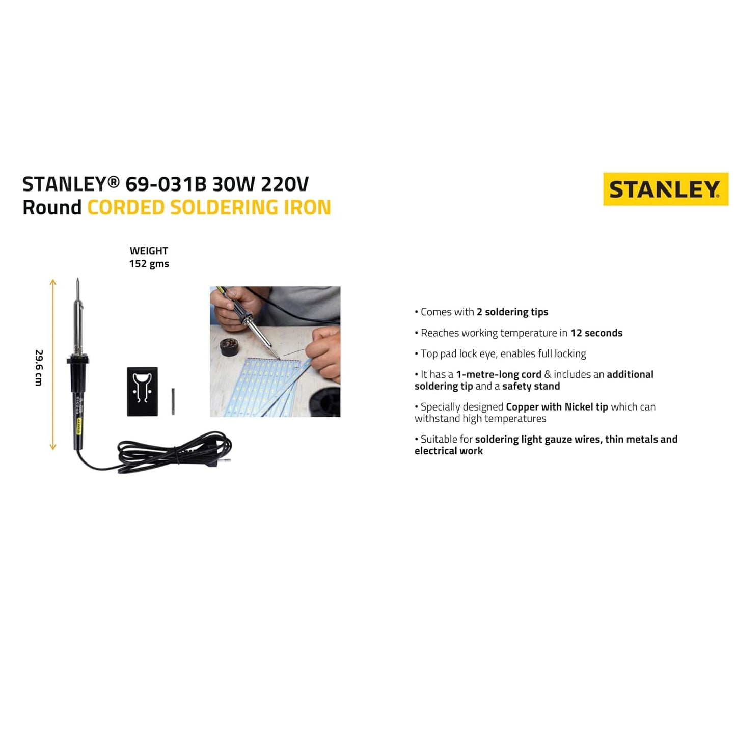 STANLEY 69-031B Round 30-Watt Corded Soldering Iron, Comes with 2 Soldering Tips, Ideal for Soldering Light Gauze Wires, Thin Metals & Other Electrical Work, Black and Chrome