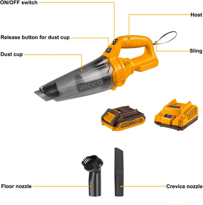 Ingco 20V Cordless Handheld Vacuum Cleaner Electric Portable Lightweight Vacuum with 1Pcs 2.0Ah battery and Charger for Car Bench Table CVLI20126