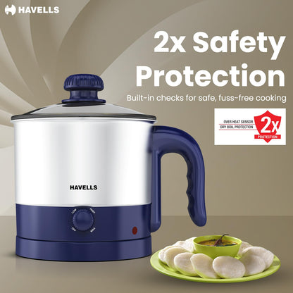 Havells Steamor Multicook Kettle | 1.2 L Capacity | Food Grade Body with Cool Touch Handle | Multiple Steaming Attachments | Double Safety Protection | 3 Temperature Modes(Blue)