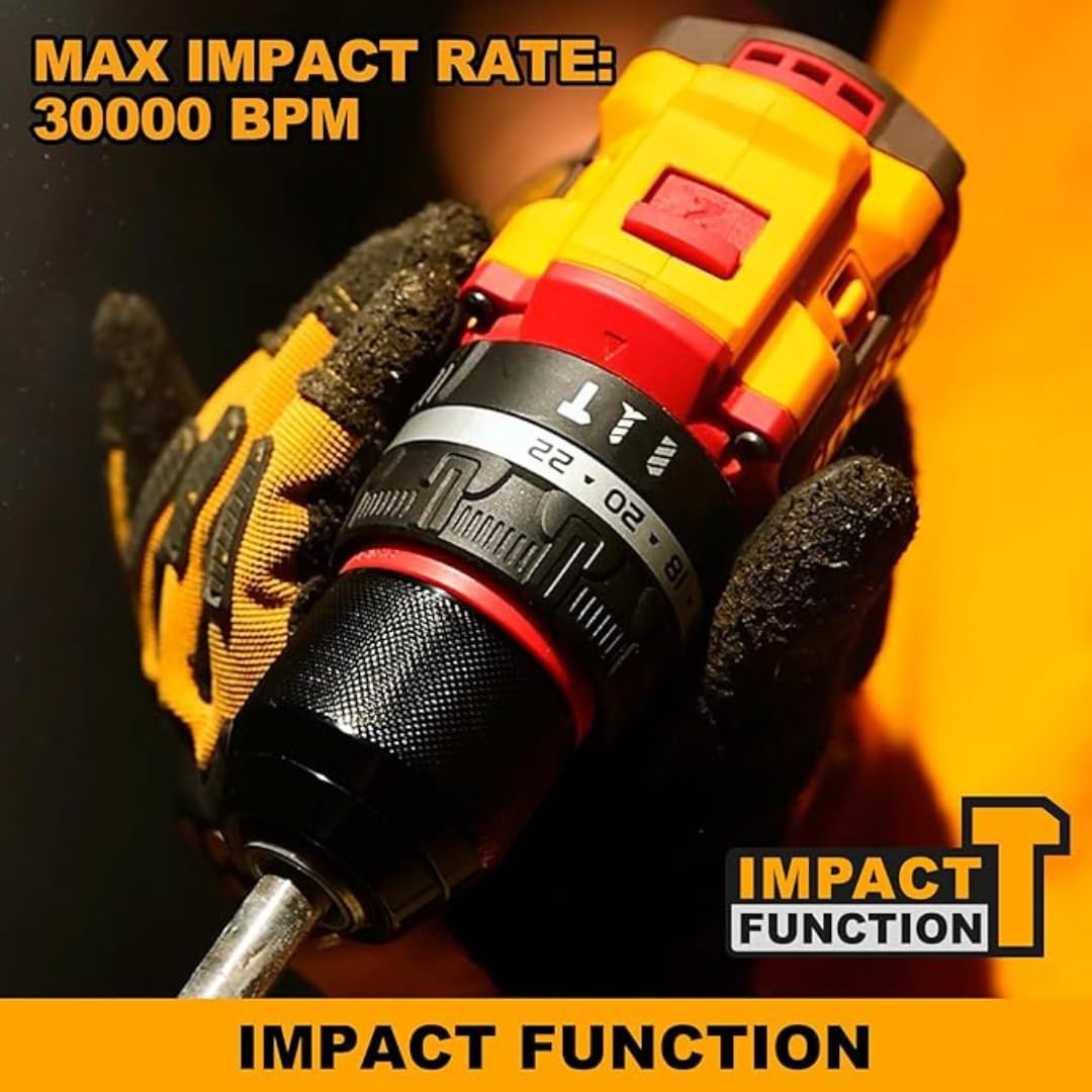 Ingco 20V Cordless Impact Drill, Brushless Motor, 55Nm Torque, 2x2.0Ah Batteries, 50pc Drill Bits Set, Carrying Case, Yellow