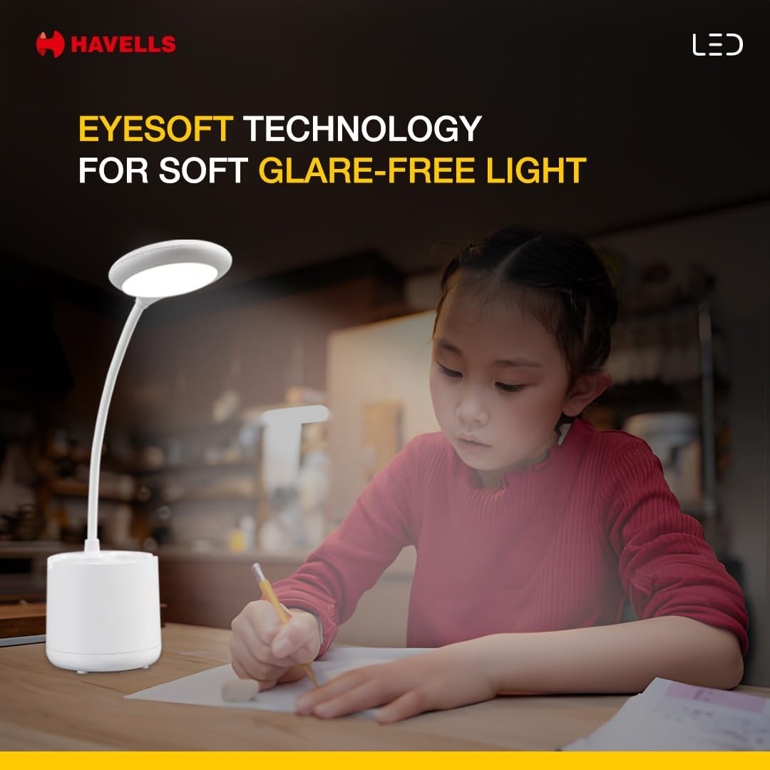 Havells Polycarbonate Moderna 5w LED Table Lamp |Rechargeable Desklight, 3 Dimming Modes with Brightness Control, White