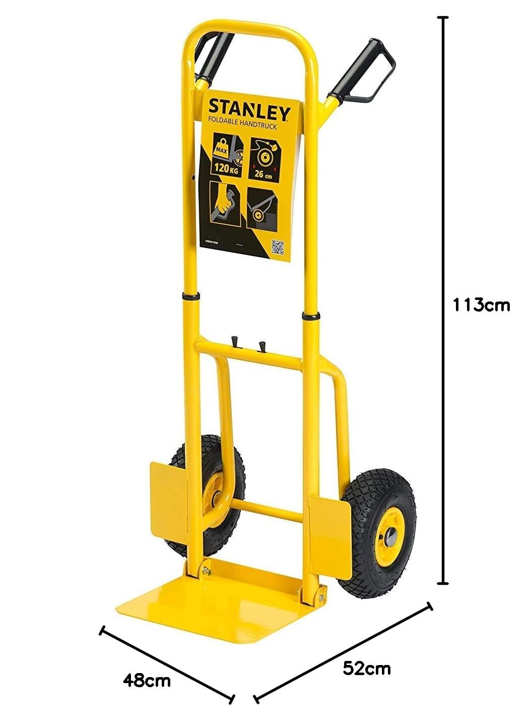 STANLEY SXWT-FT520 Steel Folding Handtruck,120kg Load Capacity,Ergonomic Handle with Knuckle Protection,10" Large Pneumatic Wheels,Foldable Base Plate,Open Dimn: 52x48x113 cm,Folded Dimn: 28x48x80 cm