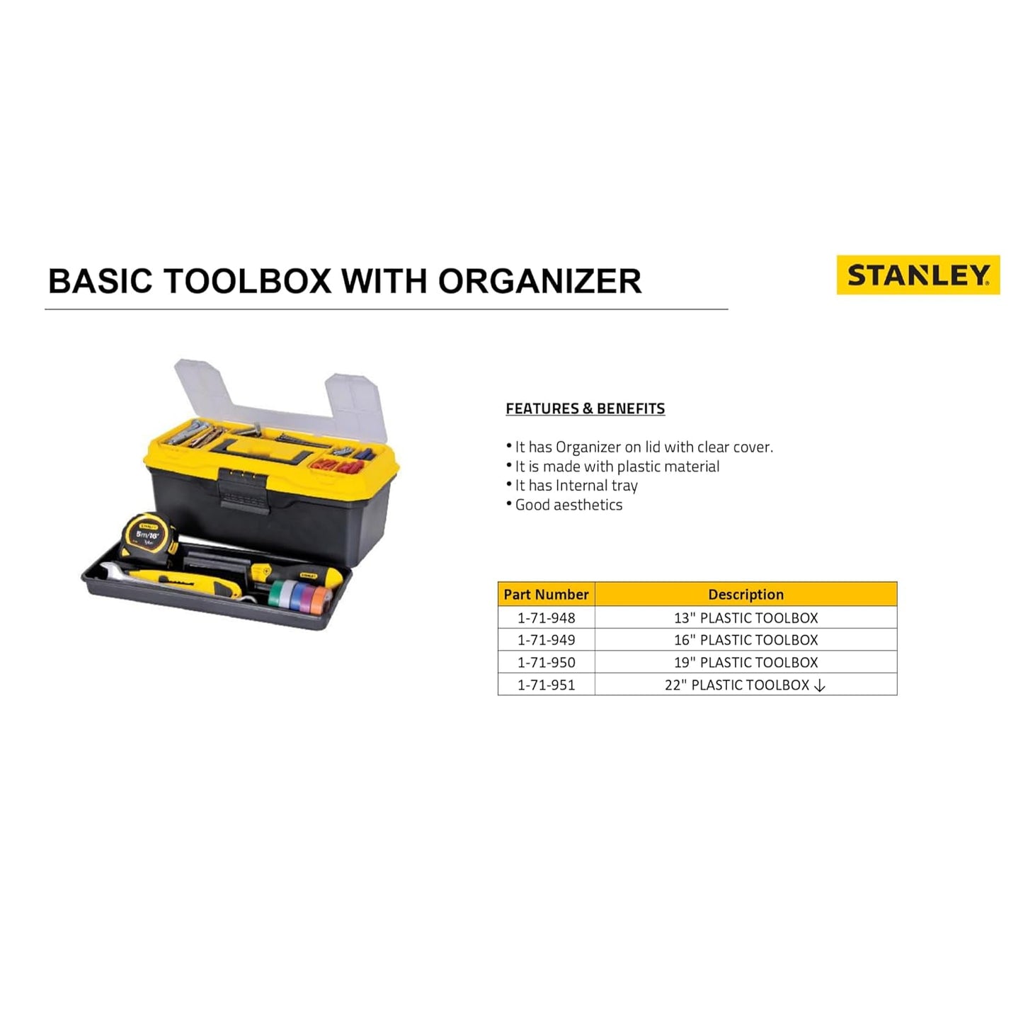 STANLEY 1-71-948 13'' Organized Maestro Heavy-Duty Portable Plastic Essential Toolbox With Clear Top Lid & Removable Tray Compartment For Easy & Convenient Storage,1 Year Warranty,YELLOW,32x13.5x15 cm