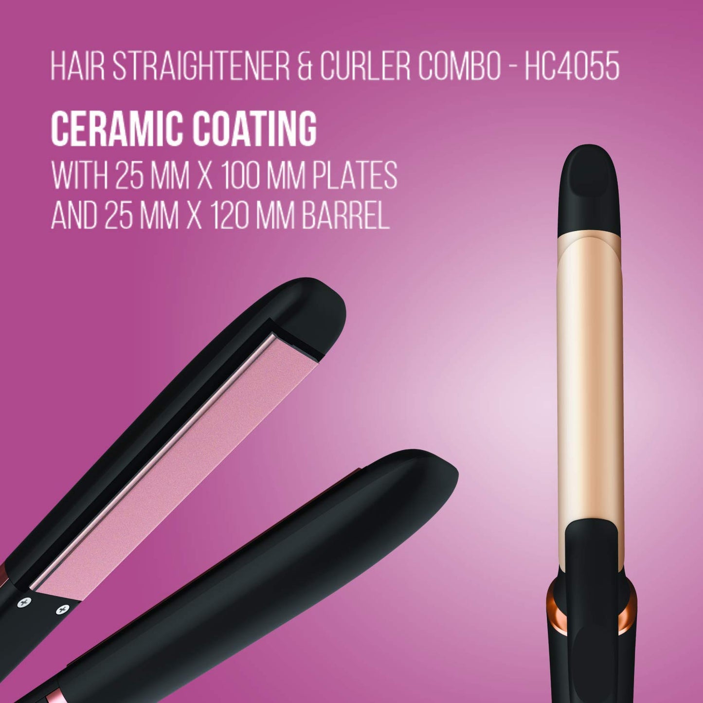 Havells HC4055 Hair Straightener and Curler Combo, Straightens and Curls, Suitable for All Hair Types and Chrome) (Black)