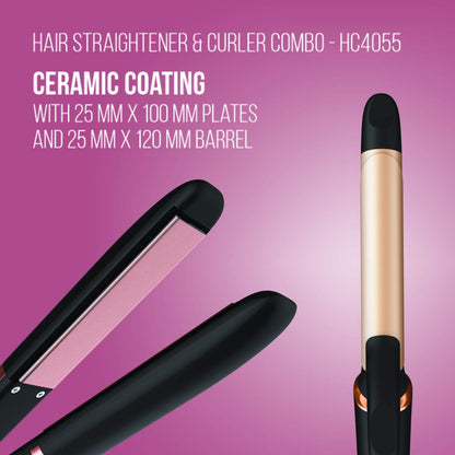 Havells HC4055 Hair Straightener and Curler Combo, Straightens and Curls, Suitable for All Hair Types and Chrome) (Black)