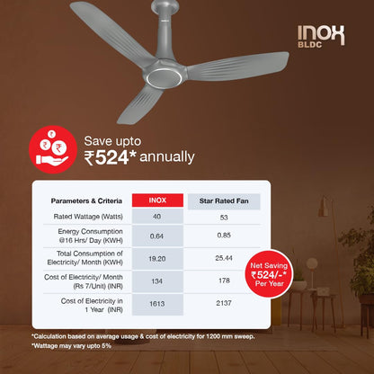 Havells 1200mm Inox BLDC Motor Ceiling Fan | Remote Controlled, High Air Delivery Fan | 5 Star Rated, Upto 60% Energy Saving, 2 Year Warranty | (Pack of 1, Slate), Silver