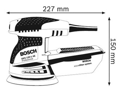 Bosch GEX 125-1 AE Heavy Duty Electric Random Orbit Sander, 250W, 12,000 rpm, 24,000 opm, 125 mm Pad Dia., Hook-and-Loop Fastening,1.3 kg + Microfilter box & Bosch Sanding Disc, 1 Year Warranty