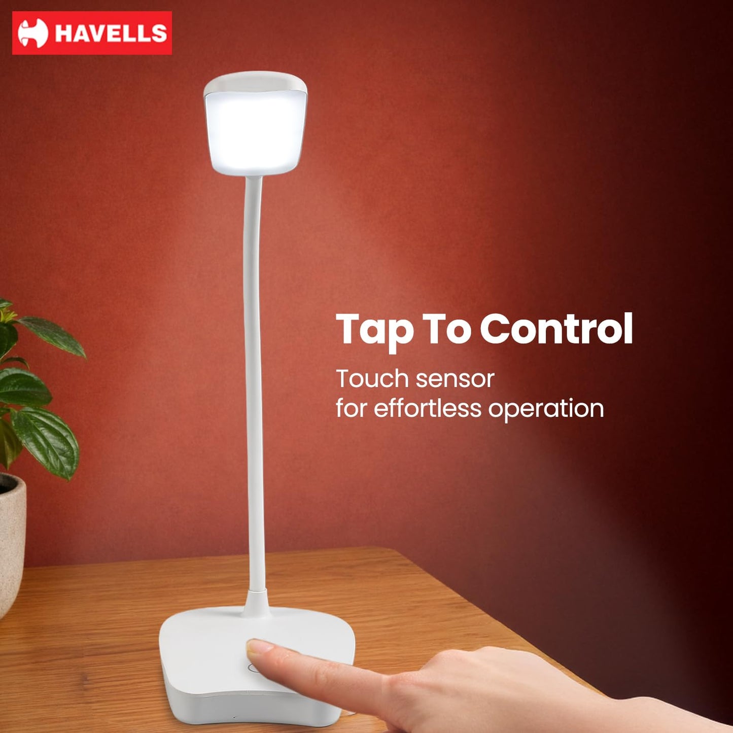 Havells Lucento Table Lamp 4.5W | Integrated Touch Sensor|3 Step Dimmable LED Table lamp|3.7V, 800 mAh Lithium‑Ion Battery | Light Modes: 100%, 50%,25% | Eye Soft Technology for Soft Glare-Free Light