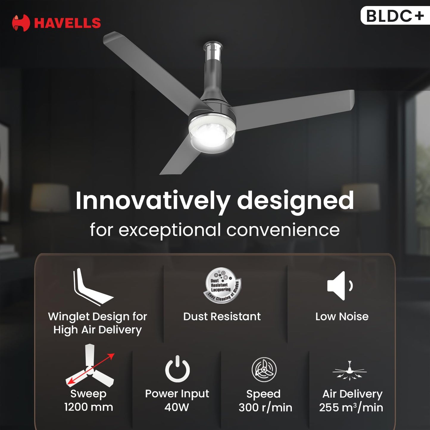 Havells 1200mm Crista Underlight BLDC Ceiling Fan | Remote Controlled, Smart Fan, IoT Enabled, Alexa & Google Home Compatible | 5 Star Rated, Upto 60% Energy Saving, 2 Year Warranty | (Slate Chrome)