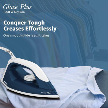 Havells Glace Plus 1000 Watts Dry Iron Press| 2X Non Stick Greblon Coating from Germany| 2X ISI Certified Safety & Performance| Fire Retardant Body| 2 Years Door Step Warranty by Havells (Blue)