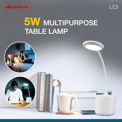Havells Polycarbonate Moderna 5w LED Table Lamp |Rechargeable Desklight, 3 Dimming Modes with Brightness Control, White