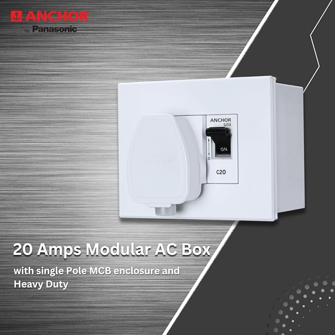Anchor by Panasonic 20 Amp Modular AC Box with Single Pole MCB enclosure and Heavy Duty ISI 3 Pin Plug Top
