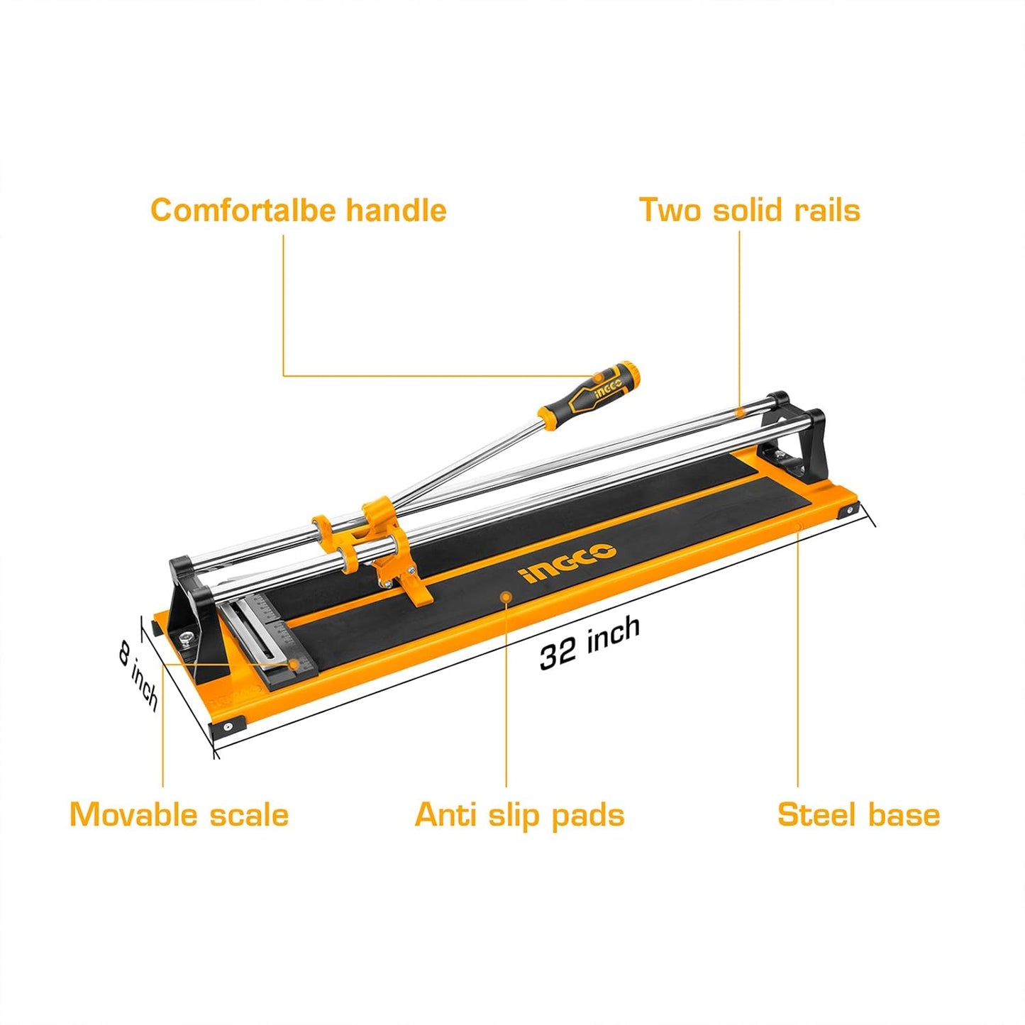 INGCO Tile Cutter, 600mm | 12mm, Direct & Diagonal Line Cutting Manual Tile Cutter, Professional Porcelain Ceramic Floor Tile Cutter with 2 pcs Tungsten Carbide Blade Cut Wheel, High Leverage