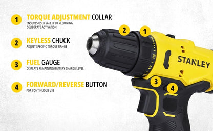 STANLEY SCD10D1-IN Brushed Cordless Drill Driver-Professional Grade, 12V, 1500 RPM, 30 Nm, 10 mm Chuck, 1.3 kg, 1x2Ah Battery & 1.5A SC101 Charger, Battery Charge Status LED Indicator, 1 Year Warranty