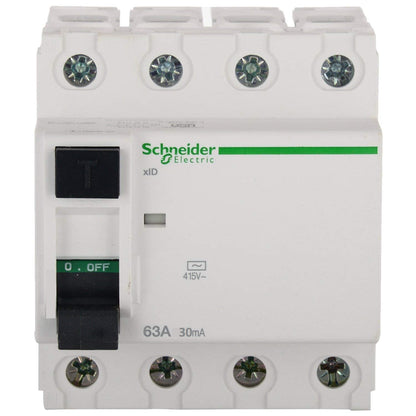 Schneider Electric 63A 4-Pole RCCB 30mA | Residual Current Circuit Breaker for Shock & Fire Protection | DIN Rail Mount | Reliable Leakage Protection for Home, Commercial & Industrial Use (A9R11463)