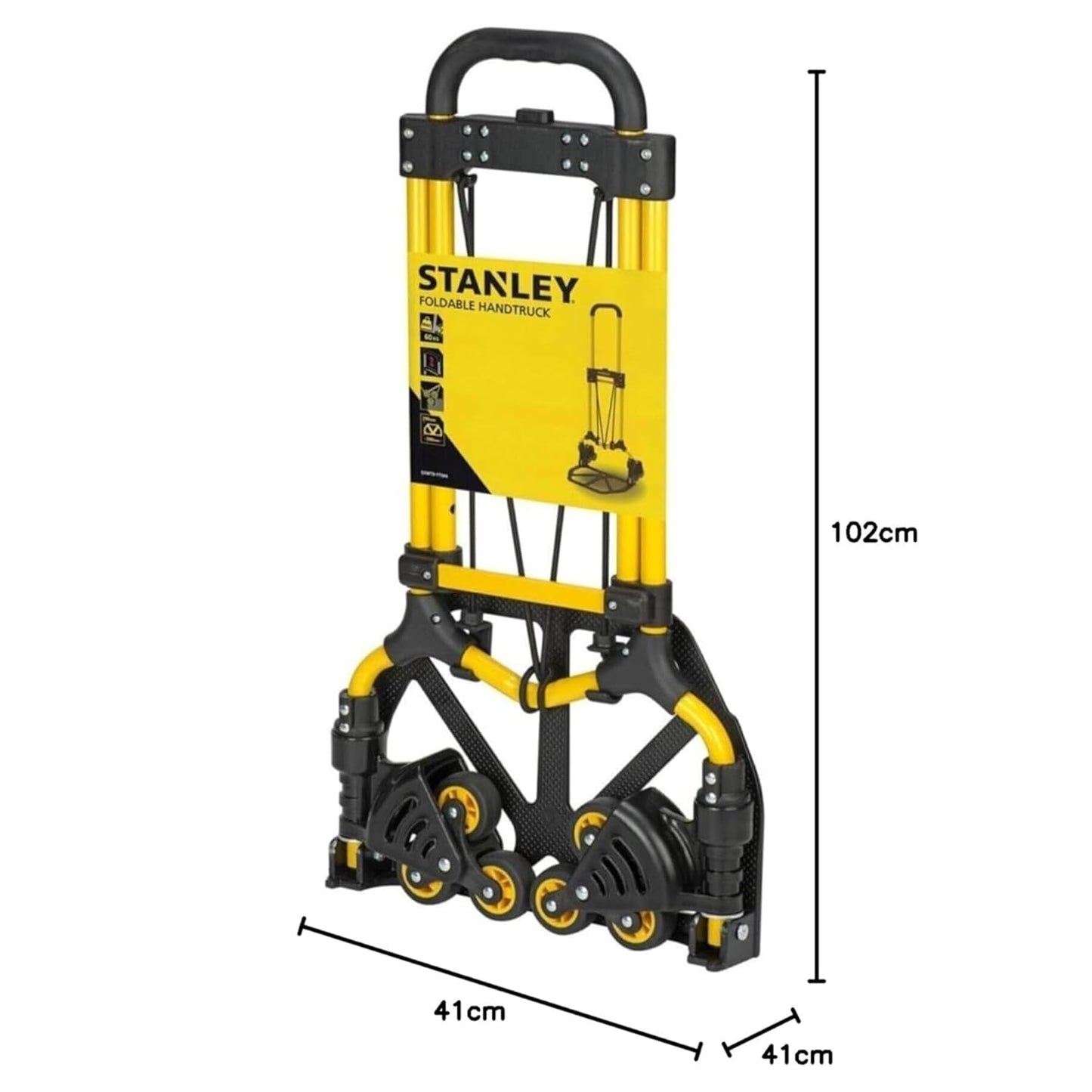 STANLEY SXWT-FT584-SP Folding Handtruck, 30/60kg Load Capacity, Adjustable TPR Grip Handle, Comes with a Bungee Cord, 2" Stair Climber Wheels, Open Dimn: 41x41x102 cm,Folded Dimn: 39x67x72.5 cm