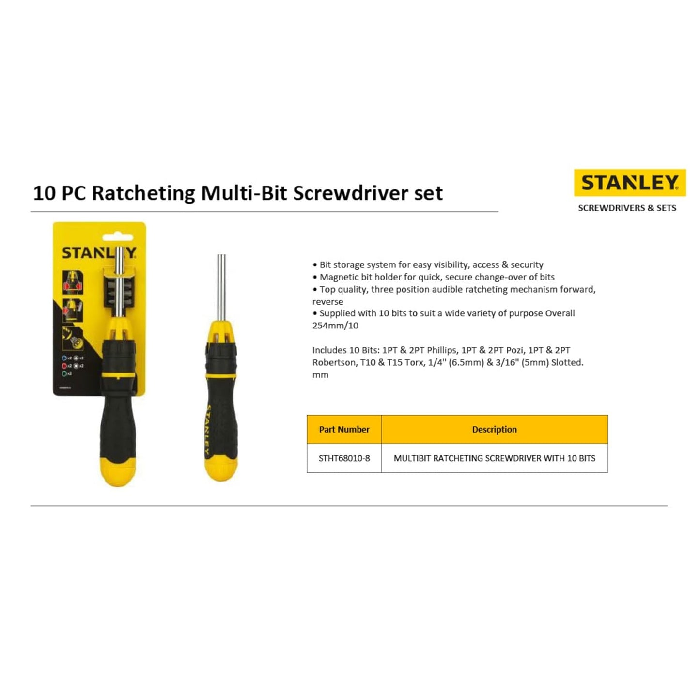 STANLEY STHT68010-8 Magnetic Holder Ratcheting Screwdriver with 10 Bits, 3-Position Audible Ratcheting Mechanism,Comes with Patented Bit Storage System, Ideal for Machines, Cars & General Repair Tasks
