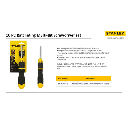 STANLEY STHT68010-8 Magnetic Holder Ratcheting Screwdriver with 10 Bits, 3-Position Audible Ratcheting Mechanism,Comes with Patented Bit Storage System, Ideal for Machines, Cars & General Repair Tasks