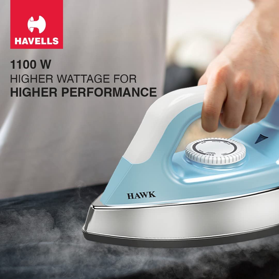 Havells Hawk 1100 watt Heavy Weight Dry Iron With American Heritage Non Stick Sole Plate, Aerodynamic Design, Easy Grip Temperature Knob & 2 years Warranty. (Blue & White)