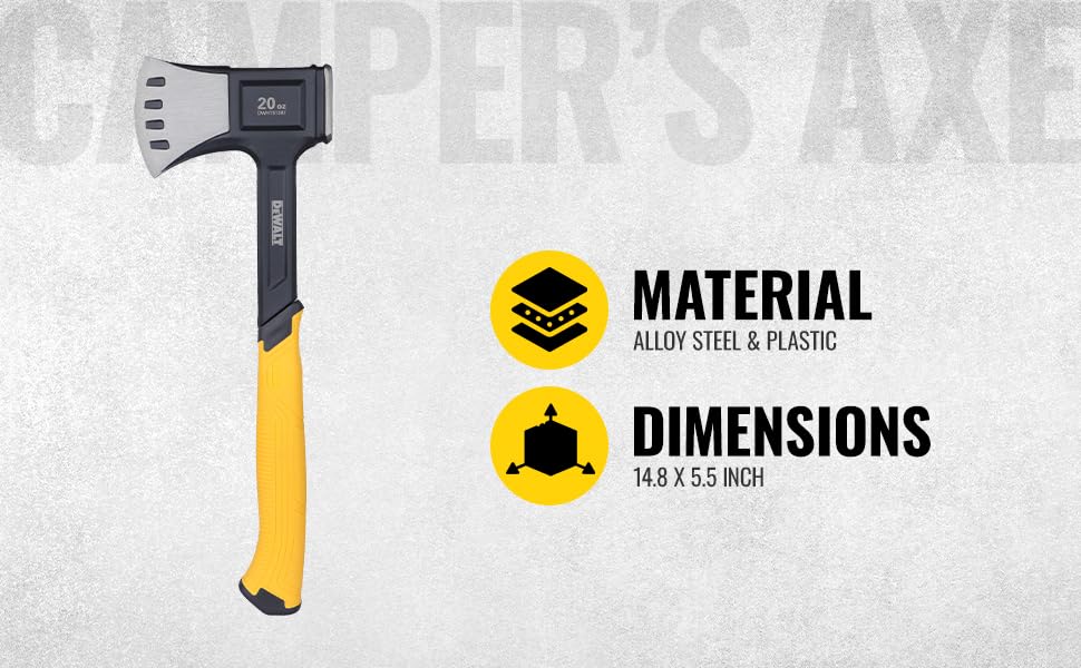 DEWALT DWHT51387-0 Steel Campers Axe with Extra-Wide Chisel Blade for Cleaner Cuts on Brick & Masonry, 567 grams, YELLOW & BLACK