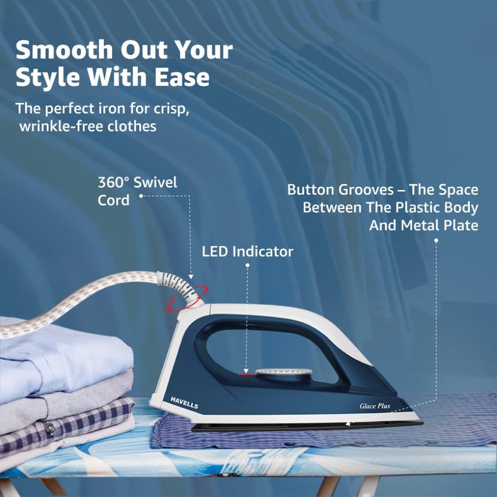 Havells Glace Plus 1000 Watts Dry Iron Press| 2X Non Stick Greblon Coating from Germany| 2X ISI Certified Safety & Performance| Fire Retardant Body| 2 Years Door Step Warranty by Havells (Blue)