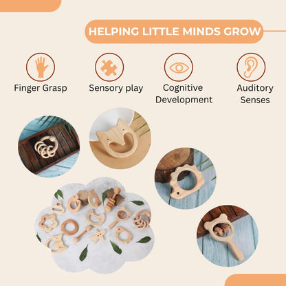 UdrCrafts® Babbles Neem Wood Teethers for Babies | Wooden Teethers for 6 to 12 Months Baby | Natural and Antibacterial (Cat+Hedgehog+Micky Head+Ring)