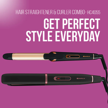 Havells HC4055 Hair Straightener and Curler Combo, Straightens and Curls, Suitable for All Hair Types and Chrome) (Black)