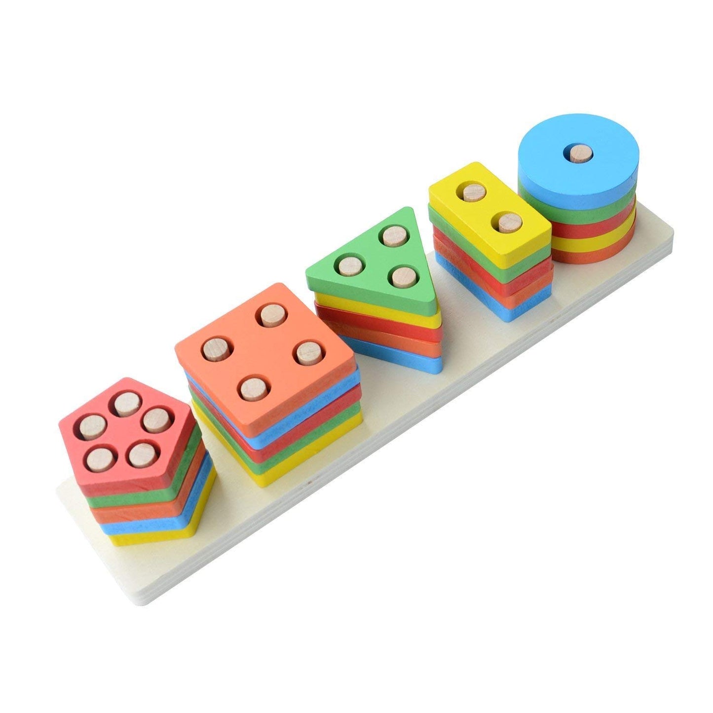 Udaipur HandiCrafts  Kids Wooden Angle Geometric Blocks Stacker Shape Sorter Column Puzzle Stacking Set - 5 Columns