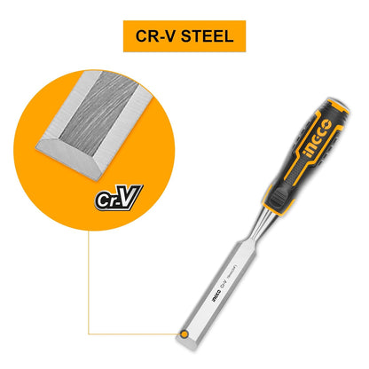 INGCO 2pcs Wood Chisels, CR-V Steel, 19mm Width, Bevel Edge, Rubber Handle, Perfect for Woodworking, Carving, Gift for Men, Dad, Husband