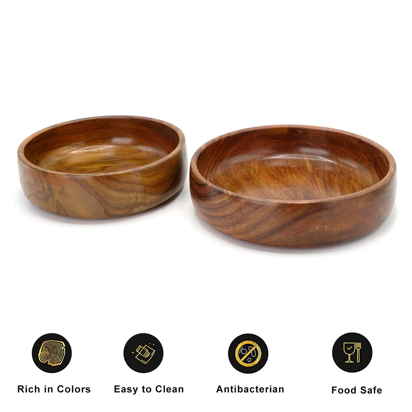 Udaipur Handicrafts Wooden Round Shape Bowl for Serving & Home Decor - Brown (Set of 2)