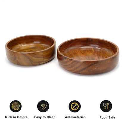 Udaipur Handicrafts Wooden Round Shape Bowl for Serving & Home Decor - Brown (Set of 2)