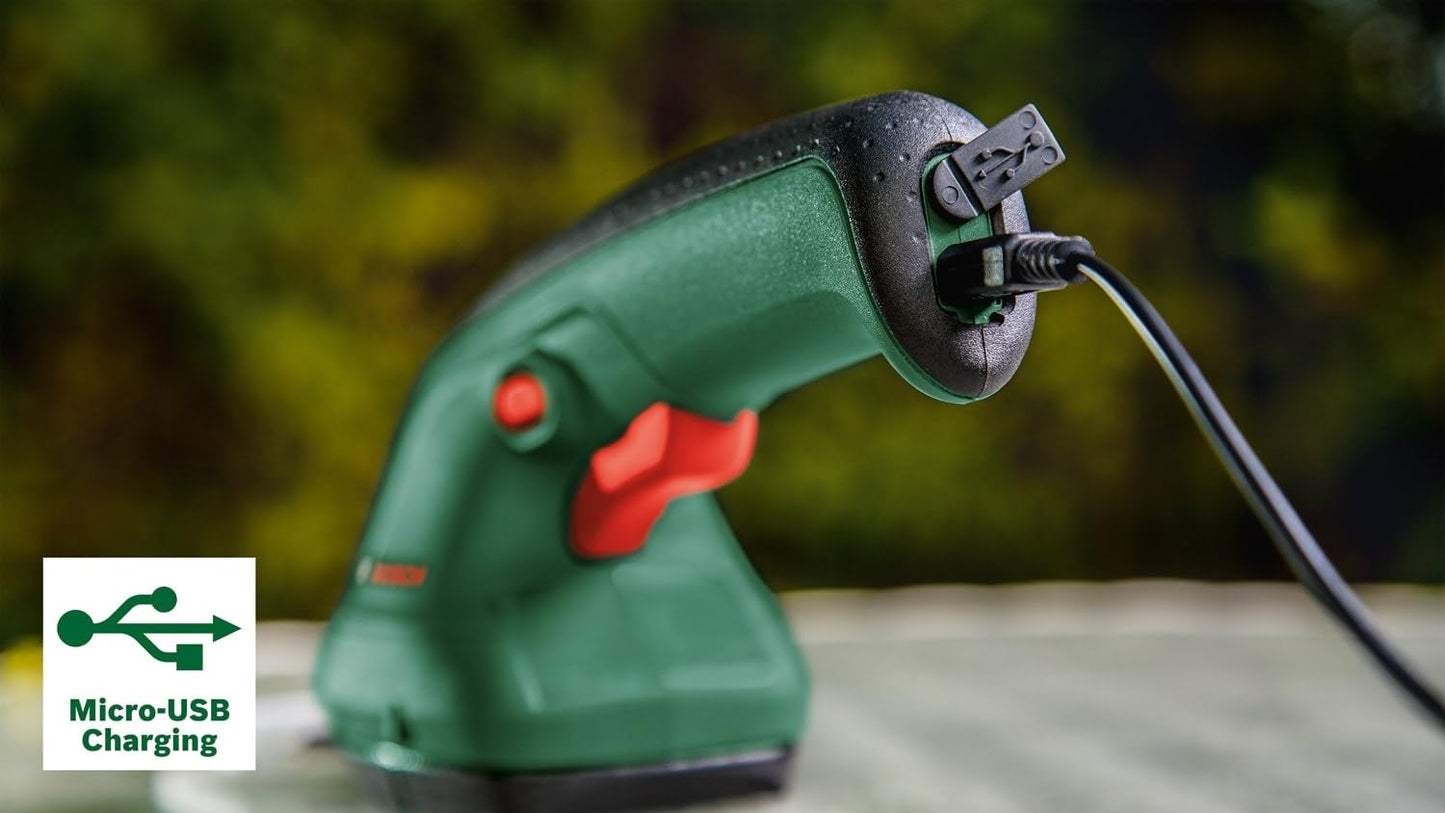 Bosch Home & Garden Shears Easy Shear, Cordless Grass & Shrub Trimmer, Lightweight & Compact, Tool-Free Blade Change, 3.6V Integrated Battery, Includes USB Cable & Blades