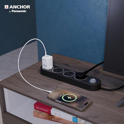 Anchor by Panasonic 4 Universal Socket Extension Board, 6A Spike Guard with 2-Meter Heavy Duty Cord for Home and Office Usage, 4 Way Power Strip with LED Indicator, Matt Finish