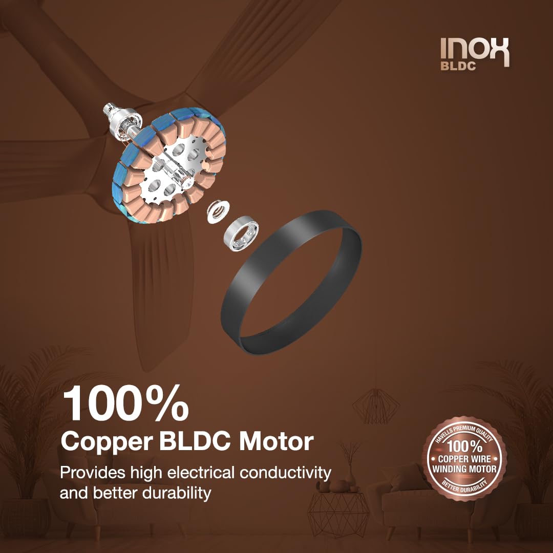Havells 1200mm Inox BLDC Motor Ceiling Fan | Remote Controlled, High Air Delivery Fan | 5 Star Rated, Upto 60% Energy Saving, 2 Year Warranty | (Pack of 1, Slate), Silver