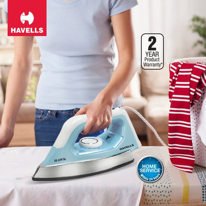 Havells Hawk 1100 watt Heavy Weight Dry Iron With American Heritage Non Stick Sole Plate, Aerodynamic Design, Easy Grip Temperature Knob & 2 years Warranty. (Blue & White)