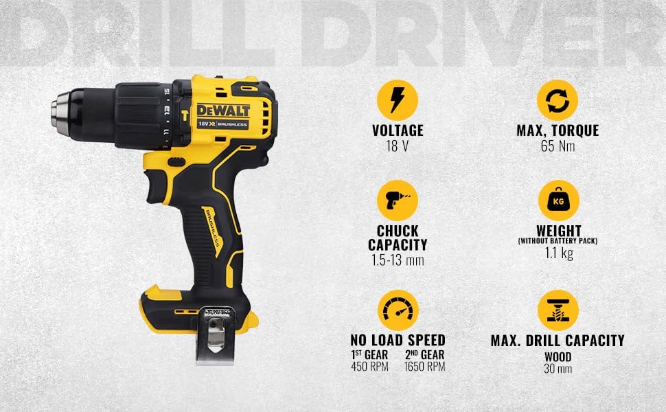DEWALT DCD709N-XJ Reversible Hammer Drill Machine Driver With Brushless Motor- 18V Li-ion Sub-Compact Series Cordless 1/2/13mm, 2 Year Warranty (Bare Tool)